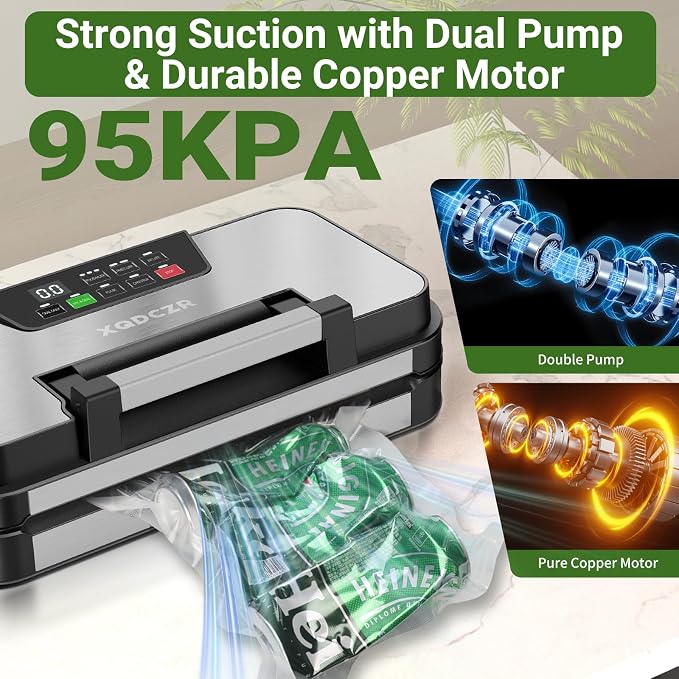 95kPa Vacuum Sealer Machine, Dual Pump, Vacuum & Inflate, Double Heat Seal | 10-in-1 Food Vacuum Sealer with Easy-Lock Handle, Built-In Cutter, Bag Storage, Hose & 2 Bag Rolls, Stainless Steel Design