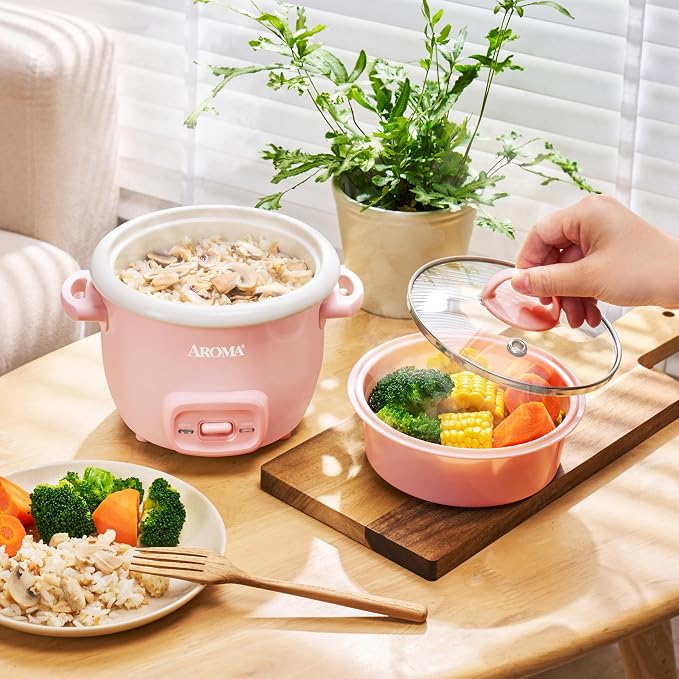 AROMA CoreCoat™ Mini Rice Cooker (3 Cups Cooked) with Nonstick Ceramic Pot Coating, Glass Lid, and Pop-Up Steamer Tray, 0.8 Quart
