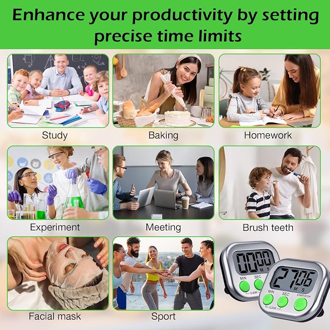 Leumoi 24 Pack Multi-Function Digital Timers with Magnetic Back, Large LCD Display, Loud Alarm, Count up & Countdown, Memory Function for Cooking, Classroom, Study, Exercise & Work(Sliver and Green)