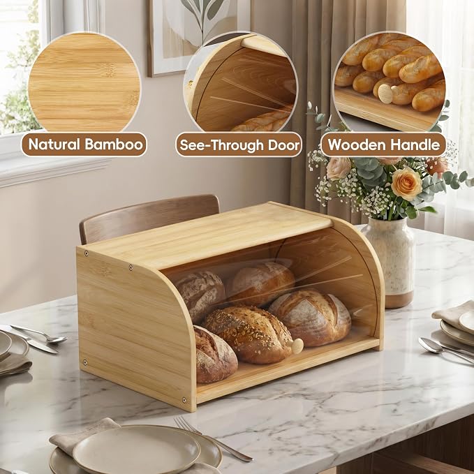 Roll Top Bread Box for Kitchen Countertop with Clear Lid | Natural bamboo, clear roll-top lid. Airtight small breadbox. Fits homemade loaves, bagels, pastries. Easy assembly.