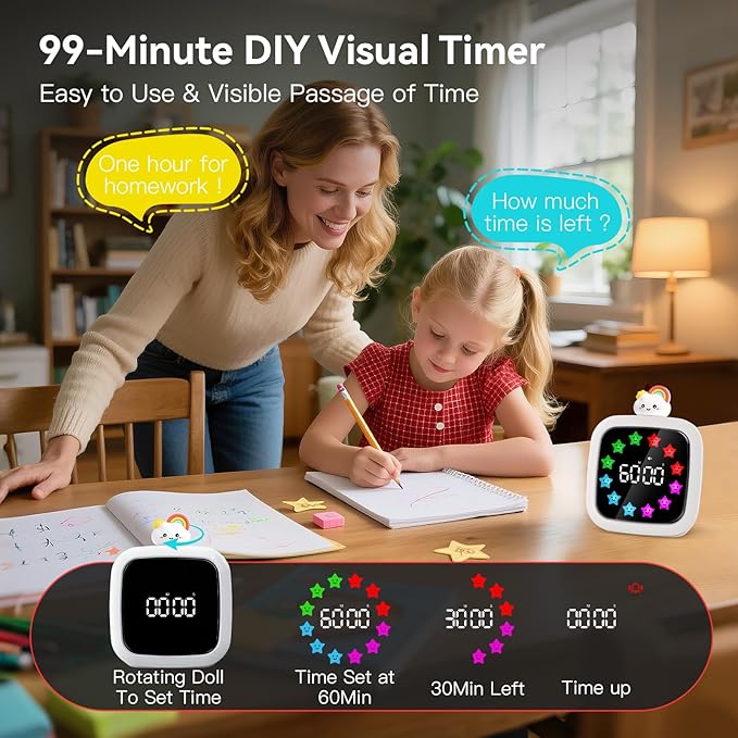 Digital Visual Timer for Kids, 99-Minute Countdown, Rechargeable | 19 Music Alarm, Pause Function, 9 Optional DIY Color Star Display, Rainbow Doll, for Study, Homeschool, Kitchen