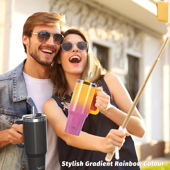 30 oz Shiny Tumbler with Handle and Straw,Stainless Steel Tumbler with Lid and Straw,Insulated Travel Mug(Cold for 34 Hours),Water Bottle for Iced Tea,Coffee (Yellow)