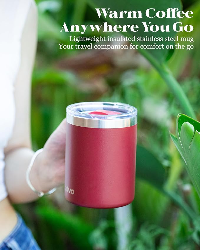 12oz Insulated Coffee Mug with Lid – Includes Two Lids, Stainless Steel Coffee Travel Mug with Handle, Double Wall Vacuum Insulated Camping Mug for Home, Office & Outdoor, Red