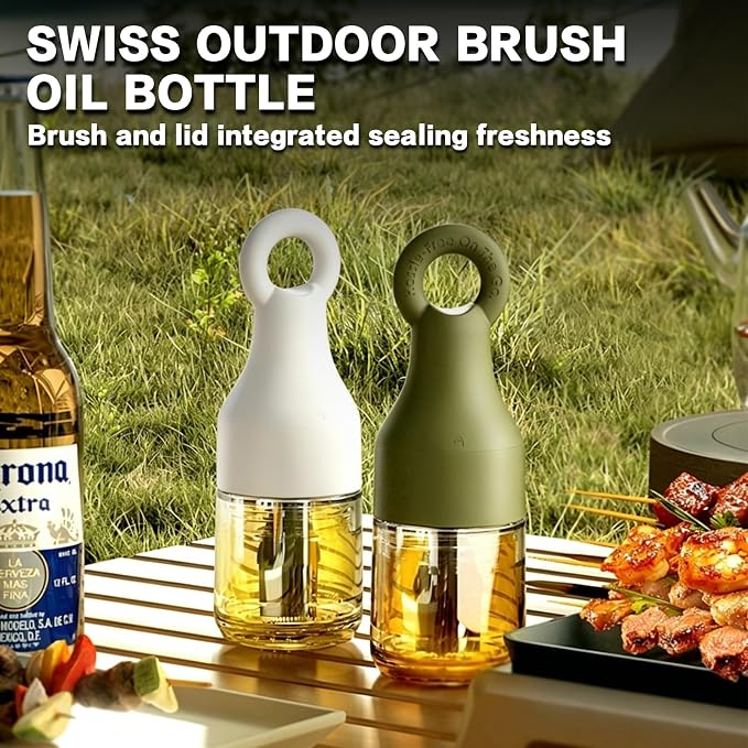 MMJ 2 in 1 Oil Brush Bottle with Silicone Basting Brush, Oil Dispenser for Kitchen, Leak Proof Glass Kitchen Accessories for Cooking, BBQ, Grilling, Vinegar, Sauce, Olive(White+Green)