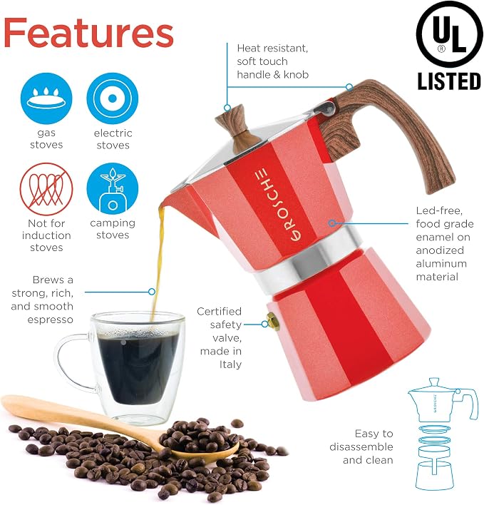 GROSCHE Milano Stovetop Espresso Maker Moka Pot 9 espresso Cup 15.2 oz Red | Cuban Coffee Maker And Italian Moka Pot For Stovetop Espresso; For Gas, Electric, And Propane Stoves With A Soft-Touch Handle