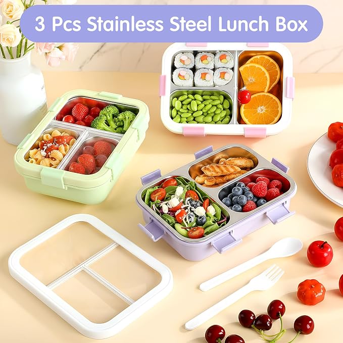 LemonRoad 3 Pcs 304 Stainless Steel Bento Box with Spoon Fork, 24 oz, Pastel