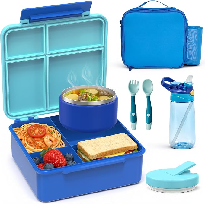 HOMEKOL Bento Lunch Box Set for Kids, Blue | with Stainless Steel Insulated Food Jar, Plastic Water Bottle, Bag and Silicone Spoon and Fork for Boys Girls