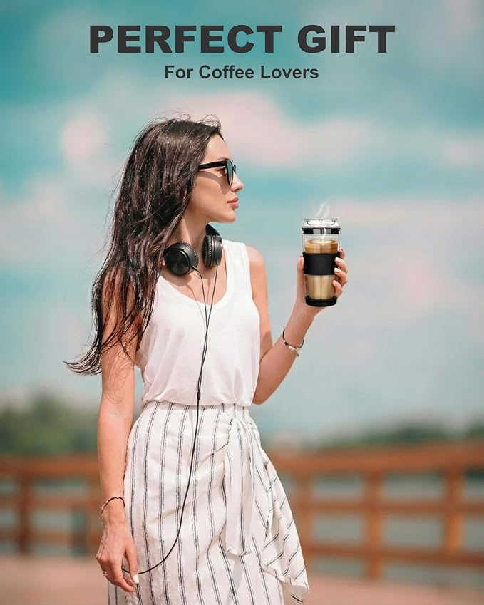 14oz Double Walled Glass Coffee Tumbler with Full Glass Lid | Silicone Sleeve, Non-Slip Insulated Travel Mug, Protective Bottom Bumper, 100% Plastic-Free