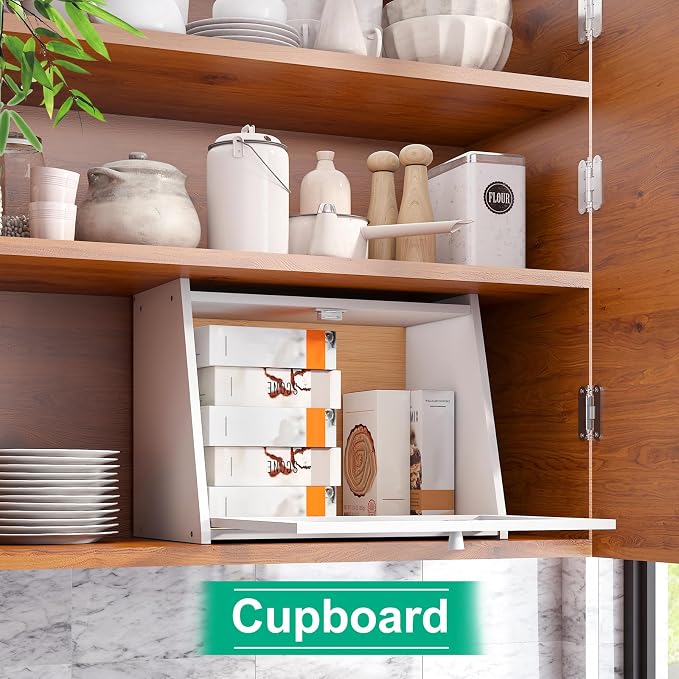 kiplant Large Bread Box for Kitchen Counter, White Bamboo Bread Storage Container with Wavy Arcylic Transparent Door, Bamboo Wooden Farmhouse Bread Box for Your House