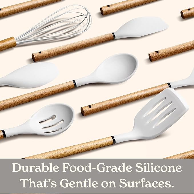 Country Kitchen Non Stick Silicone Utensil Set with Rounded Wood Handles for Cooking and Baking, 8 Piece Set, White