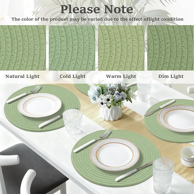 Round Placemats Set of 6, Cotton Rope Woven Table Mats, Hot Pads for Kitchen, Non Slip Heat Resistant Place Mats, 13 Inches Braided Placemat for Farmhouse Decor and Kitchen Table Decor (Green)