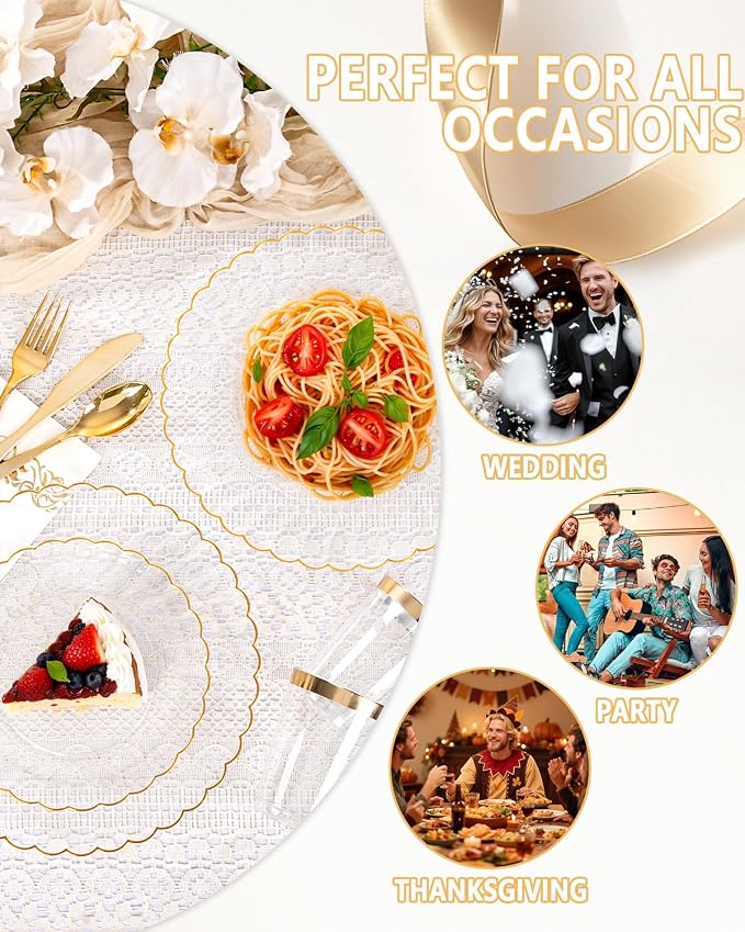 YOUBET 175PCS Clear and Gold Scalloped Plastic Plates for Party Wedding | Clear and Gold Disposable Dinnerware Set Include 50 Plates, 75 Gold Silverware, 25 Cups, 25 Napkins
