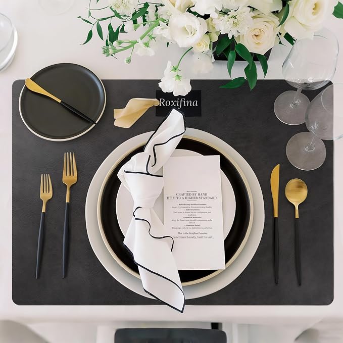 Roxifina Faux Leather Placemats Set of 6 - Vinyl Placemats Wipeable Waterproof Oil-Proof PU Place Mats Heat Resistant Reversible Table Mats for Dining, Kitchen, Outdoor, 12 x 17 Inch (Washed Black)