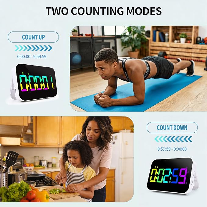 Digital Timer for Classroom, Pomodoro & Kitchen, Rechargeable Magnetic Countdown Timer with Large LED Display, Loud Alarm, 3 Volume Levels, Vibration Mode & 3 Brightness Settings