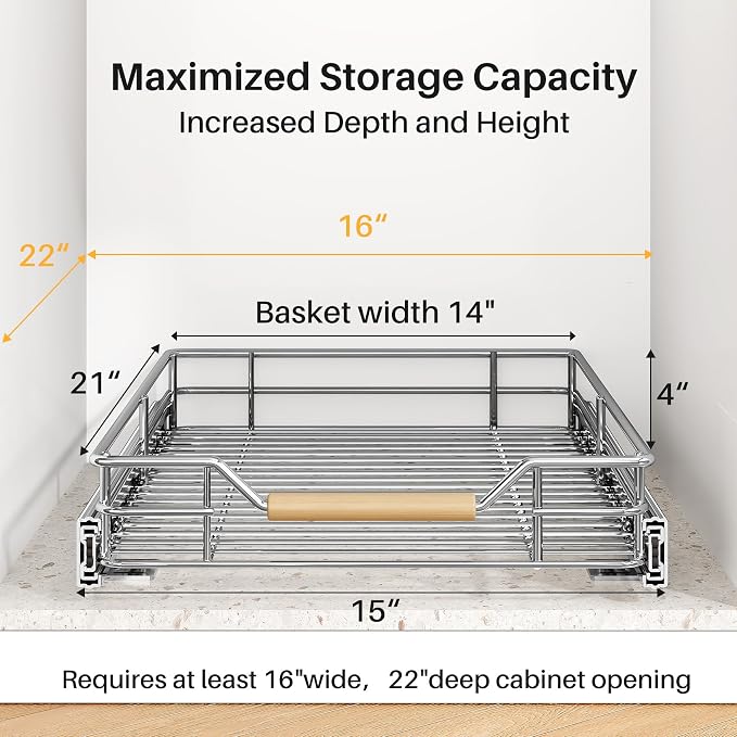 Pull out Cabinet Organizer, 15"W X 21"D, Heavy Duty Smooth Sliding Under Cabinet Shelves for Pots and Pans, Full-Extension Roll out Drawers, Slide out Organization for Home Kitchen Pantry