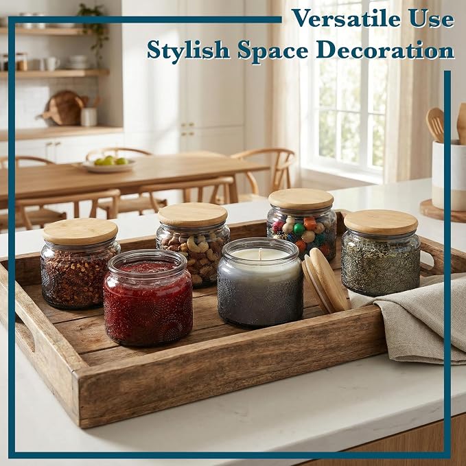 4 oz Decorative Small Glass Jars with Airtight Bamboo Lids, Grey 6 Pack | Vintage embossed color coated containers, kitchen pantry bathroom organization & decor, spices, DIY gifts, candle making