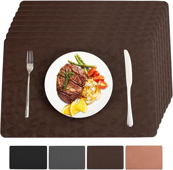 Brown Vinyl Placemats Set of 8 Waterproof Wipeable Table Mats | Heat Resistant Easy Clean Place Mats Faux Leather Table Mats Washable PVC Table Placemats for Dining Table