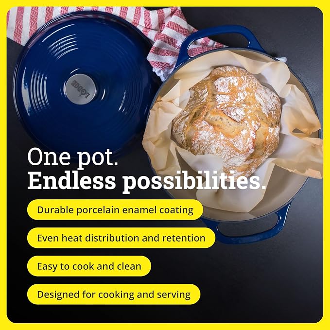 Lodge Essential Enamel Cast Iron Dutch Oven 6 Quarts - Perfect for Bread Baking, Braising, Marinating & Slow Cooking, Features Moisture-Sealing Lid & Dual Handles, Kitchen Essentials, Indigo
