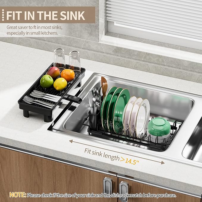 Expandable Over Sink Dish Rack, Small Dish Drying Rack with Drip Tray | Anti-Scratch Base, Space Saving Design for Kitchen Counter