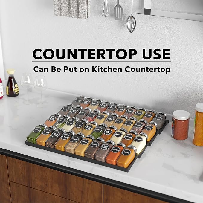 SpaceAid Spice Drawer Organizer with 40 Spice Jars, 386 Spice Labels, 4 Tier Seasoning Rack Tray Insert for Kitchen Drawers, 18.5" Wide x 17.5" Deep
