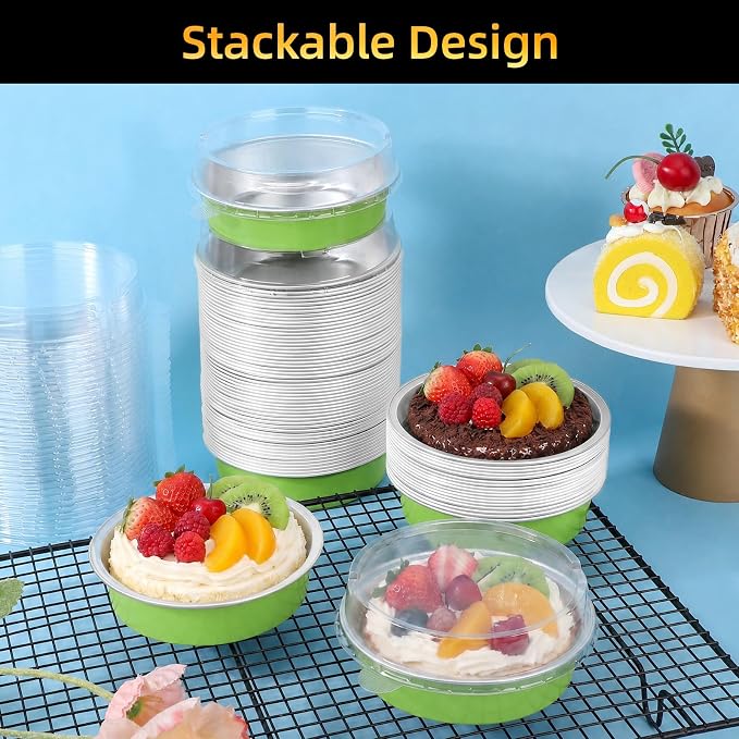 Beasea Mini Tart Pans with Lids 120 Pack, 7.3oz 4 Inch Matcha Green Disposable Aluminum Foil Baking Cups Pie Tart Tins Individual Dessert Mini Cake Containers Oven Dishes for Cheesecake Muffin