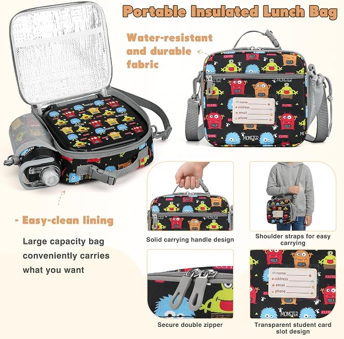 Bento Lunch Box for Kids with 7oz Soup Thermo,Insulated Stainless Steel Kids Water Bottle with Straw and Insulated Lunch Bag,Leak-Proof Lunch Food Container with Ice Pack for School(Black-Cute)