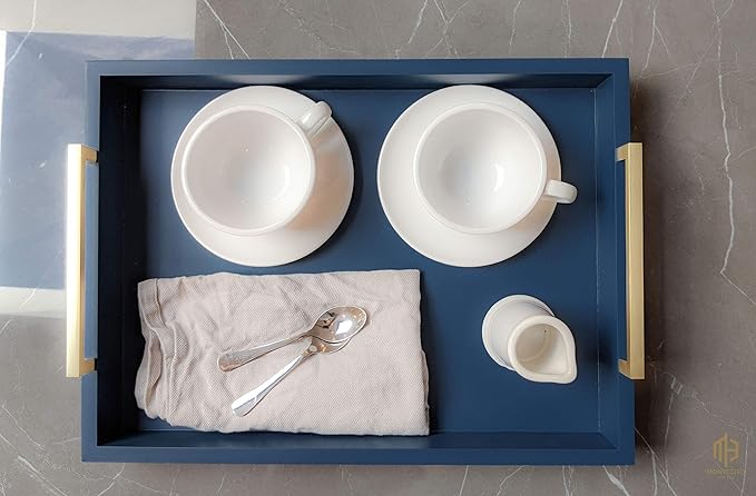 Decorative Coffee Table Tray - Ottoman Tray - Breakfast, Drinks, Liquor Serving Platter - from Farmhouse to Modern - Matte Finish - Champagne Gold Handles - Twilight-Blue