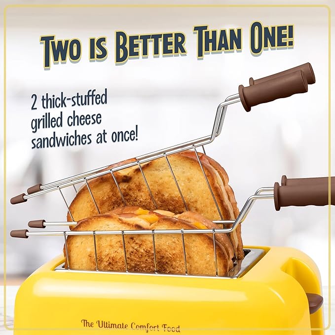 Nostalgia Deluxe Grilled Cheese Sandwich Toaster with Easy-Clean Toasting Baskets - Adjustable Toasting Dial and Extra Wide Slots - Yellow