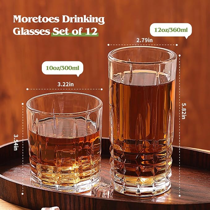 Moretoes Drinking Glasses Set of 12,Mixed Drink Cocktail Glass | 6 Highball Glasses 12 Oz,6 Rocks Glasses 10 Oz Vintage Glassware Sets for Whiskey, Cocktails, Water & Juice
