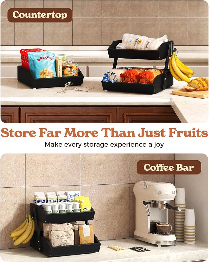 2-Tier Bamboo Fruit Basket with 2 Banana Holders Black | Large tiered organizer for bread, snacks, veggies. Sturdy bamboo, includes mats & dividers. Easy to assemble.