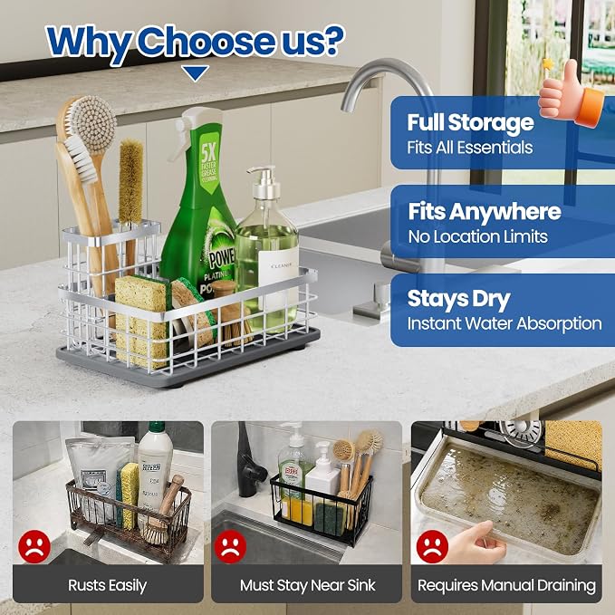 Kitchen Sink Caddy Organizer with Sponge & Brush Holder, Stone Drying Mat | Extra-Large Kitchen Countertop Organizer, Stainless Steel Kitchen Sink Accessories with Quick-Dry Soap Tray for Fewer Stains
