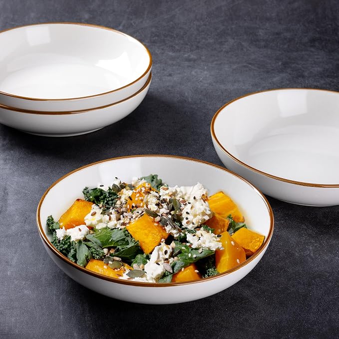 AmorArc 8.5’’ Ceramic Pasta Bowls Set of 6, 36oz Large Stoneware Bowls Set | Large Dinner Serving Bowls Set, Wide Bowl Plate for Pasta,Salad, Soup, Microwave Safe, Reactive Glaze-Pearl White