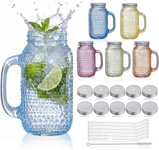 DaYammi 6 Pack 24oz Hobnail Mason Jars Cups Drinking Glass Cups with Lids & Straws, Colorful Wide Mouth Mason Jars Cups with Handle, Tumblers for Coffee Smoothies, Iced Tea, Juice, Beer, Cocktail