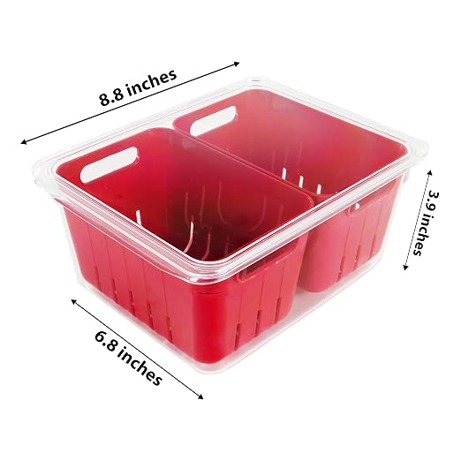 Kitchen Spaces Twin Colander Food Storage Container, Strainer and Fridge Organizer Bin for Fruits and Veggies, Stackable, BPA-Free