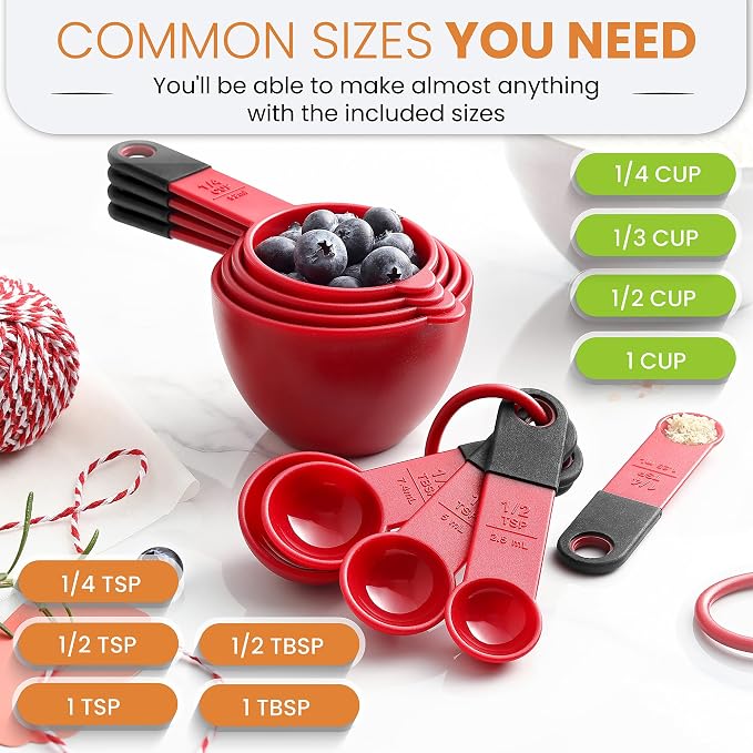 Spring Chef Set of 9 Plastic Magnetic Red Measuring Cups and Spoons | for Dry & Liquid Ingredients - Food Safe & BPA Free - Nesting Design - Dishwasher Safe