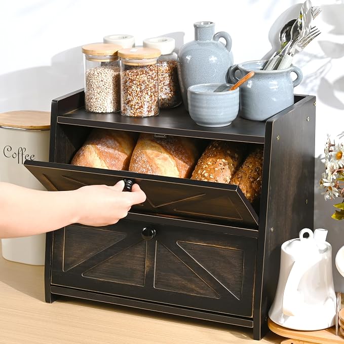 Bamboo Corner Bread Box for Kitchen Countertop 2-Tier Black | Farmhouse Bread Storage Container, Large Pantry Organizers for Homemade Snacks, Loaves, Breathable Keeps Bread Fresh