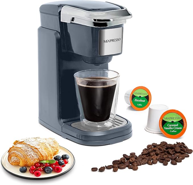 Mixpresso Single Serve Coffee Maker K Cup Coffee Maker for K Pods & Grounds | Compact 800W Gray Coffee Machine with 12 Oz Water Tank, Fast Brew & Auto Shut-Off, Small Design for Travel, Office, RV & Dorm
