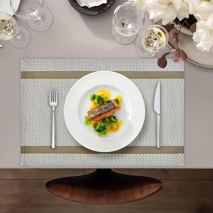 Beige Placemats Set of 4, 12x18 Inch Faux Linen Table Mats | Heat Resistant and Washable Design, Easy to Clean Surface for Dining Rooms, Kitchens, Outdoor Parties and Everyday Home Decor