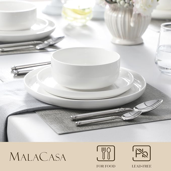 MALACASA Plates and Bowls Sets, 24 Pieces Modern Porcelain Dinnerware Set for 8, Ceramic Dishware Dishes White Kitchen Dinner Dining Ware Set, Microwave and Dishwasher Safe, Series LUNA | Modern Ceramic Dishware,Kitchen Dining Ware,Microwave and Dishwa...