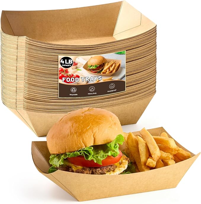 ZORRITA Large Paper Food Trays, 4 LB, 50 Pack | Disposable, Kraft Paper, Nacho Trays, Food Boats, Party Serving Basket, For Nachos Sandwiches Burgers Popcorns Salads Snacks
