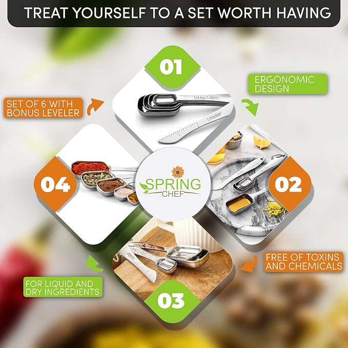Spring Chef Stackable Stainless Steel Measuring Spoons Set of 6 w/Leveler | Rectangular Metric Metal Teaspoon & Tablespoon Measuring Spoons for Dry & Liquid Ingredients, Fits in Spice Jars, Long Handle