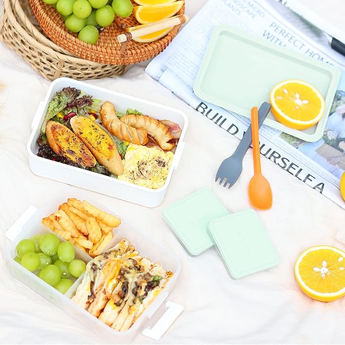 Stackable 2-Tier Adult Bento Box, 4 Compartments - Chalk White | leakproof sauce cups, utensil set included, microwave & dishwasher safe, 7 colors available, ideal for work/school/picnic