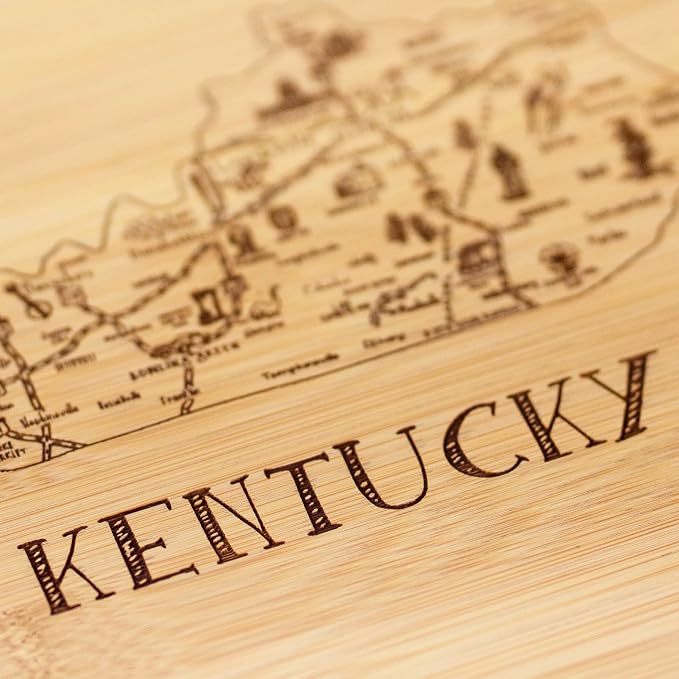 Totally Bamboo A Slice of Life Kentucky Engraved Map Cutting Board | 11” x 8.75” charcuterie board with engraved state map artwork. Smooth reverse side for food prep. Hang tie for wall display.