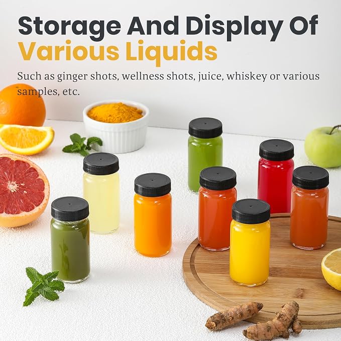 LANDNEOO 15 Pack 2 oz Glass Shot Mini Bottles w/Black Lids & 15 Labels - Small Clear Jar for Ginger, Wellness Shot, Juice, Sample, Whiskey - Travel Essentials - Wide Mouth, Leakproof, Dishwasher Safe