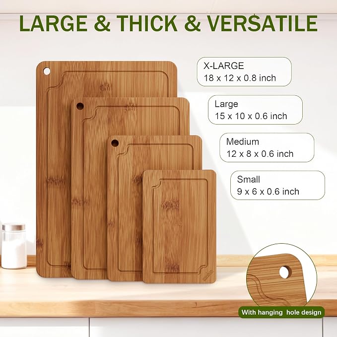 4-Piece Bamboo Cutting Board Set Serving Tray Juice GroovesHandles | Ideal for Meat Vegetables Fruit,Easy Storage & Quick Clean,Natural Wood Construction,Dual-Purpose as Serving Tray