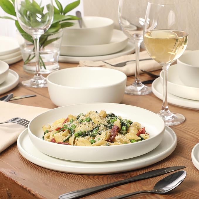 Gibson Elite Bayou Moon Plates and Bowls Sets, 16-Piece White Matte Stoneware Dinnerware Sets, Solid Color Reactive Glaze Dish Set