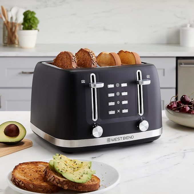 West Bend Toaster 4-Slice Extra-Wide and Deep Slots with 3 Functions and 7 Shade Settings Manual Toast Lift Lever Auto Shut-Off and Removable Crumb Tray, 1500-Watts, Black