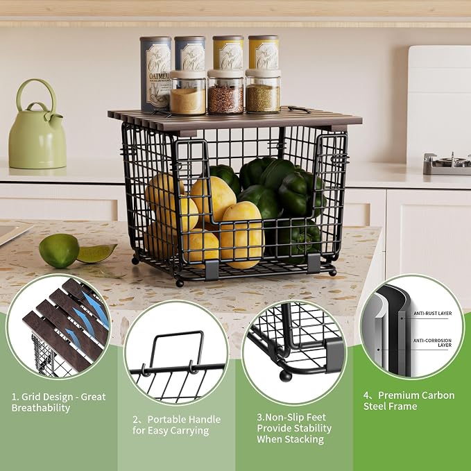 2 Pack Stackable Potato Onion Bins, Pantry Organizers and Storage | Wire Basket with Breathable Design for Garlic Fruits Vegetables Storage, Kitchen Counter Organizer