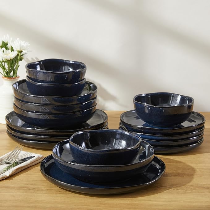 Plates and Bowls Sets, 16 Pieces Dinnerware Set for 4 with Pasta Bowls, Handmade Dishes Set, Chip Resistant Dishware Sets, Microwave Safe Dinner Set, Designed for Interactive Meals, Starry Blue