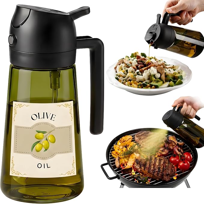 Glass Olive Oil Sprayer for Cooking 16oz/470ml – Dark-Green 2-in-1 Glass Oil Sprayer & Dispenser with 9 Labeled Stickers, Kitchen Gadgets & Air Fryer Accessories, Olive Oil Dispenser – Black
